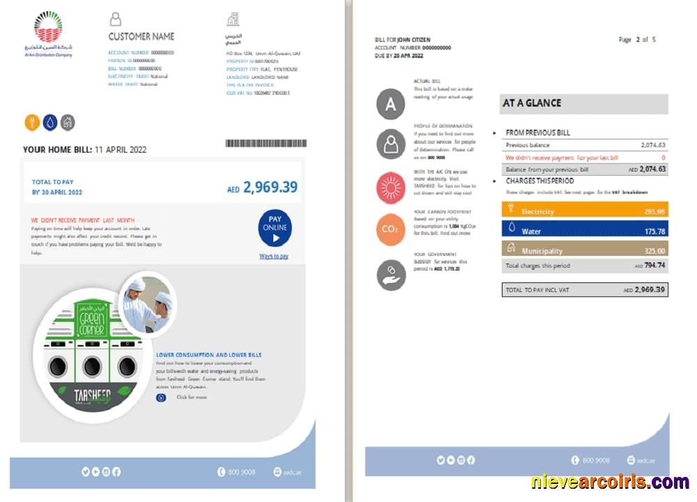 UAE Umm Al-Quwain Al Ain Distribution Co utility bill 5 pages 1 2